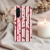 Coquette Cherry Tough Phone Case, Cute Pink Ribbon Bow Aesthetic Phone Cover, Vintage Striped French Chic Cherry Gift for Her thumbnail 3