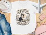 Saved By Grace Cat Youth T-Shirt, Christian Faith Shirt, Whimsical Pet Lover Tee, Inspirational Gift For Her, Vintage Boho Religious Apparel thumbnail 1