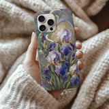 Art Nouveau Iris Tough Phone Case, Stained Glass Floral Phone Cover, Botanical Mosaic Pattern Gift for Her, Purple Flower Aesthetic Cover thumbnail 2