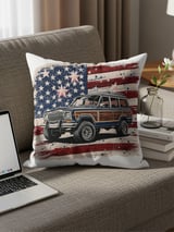 Grand Wagoneer Pillows, Waggy American Flag, Patriotic Car Pillow Cases, Off Road SUV Decor, Classic Wood Grain Truck, Gifts for Car Lovers thumbnail 2