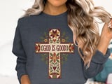 God Is Good Quilted Cross Tee or Sweatshirt, Faux Patchwork Design thumbnail 1