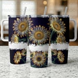 40oz Sunflower Tumbler Sublimation Wrap Seamless Distressed Digital Download + Car Coaster PNG File thumbnail 1