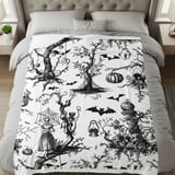 Gothic Toile Woven Blanket, Vintage Halloween Throw Pillow Spooky Skeleton Skull Decor, Dark Academia Cottagecore Tapestry Blanket thumbnail 7
