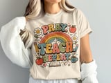 Pray Teach Repeat Teacher T-Shirt, Christian Educator Gift, Retro Groovy Faith School Tee, Boho Rainbow Teacher Apparel for Women thumbnail 3