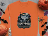 Haunted Harbor Sailor Halloween Night Fog Skull Lighthouse Ocean Nautical Crewneck Sweatshirts thumbnail 9