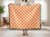 Distressed Orange Checkerboard Woven Blanket, Grunge Checkered Velveteen Blanket, Retro Indie Alt Throw Pillow Cover thumbnail 2