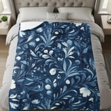 Blue Floral Throw Blanket and Pillow: Indigo Blooms, Home Decor thumbnail 6
