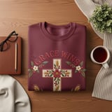 Grace Wins Floral Cross Sweatshirt, Christian Hoodie, Faux Embroidered Faith Aesthetic Sweater, Religious Cottagecore Botanical Tote Bag thumbnail 6