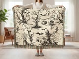 Gothic Toile Woven Blanket, Vintage Halloween Throw Pillow Spooky Skeleton Skull Decor, Dark Academia Cottagecore Tapestry Blanket thumbnail 2