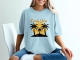 Comfort Colors Beach Vibes T-Shirt, Tropical Vacation Palm Tree Sunset Tee with Faux Gold Print Text, Coastal Summer Beach Lover Gift Shirt thumbnail 1