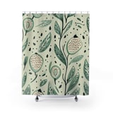 Sage Green Botanical Shower Curtain, Boho Folk Art Leaves Bath Mat, Earthy Cottagecore Bathroom Decor, Modern Nature Floral Bath Set thumbnail 5