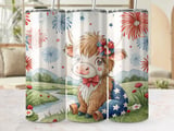 Patriotic Highland Cow 20oz Seamless Tumbler Wrap, 4th of July Cow Tumbler Design, Cute Animal Sublimation, USA Flag Tumbler Wrap thumbnail 1