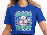 School Nurse T-Shirt: Retro Bubble Letters, Medical Stethoscope, Coffee Cup Design thumbnail 5