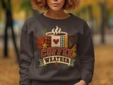Coffee Weather Sweatshirt, Cozy Fall Coffee Lover Hoodie, Rustic Quilted Patchwork Print Autumn Aesthetic Crewneck, Cute Fall Tote Bag thumbnail 1