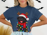 Black Pug Dog Santa Hat Reindeer Antlers Red Scarf Christmas Lights Standard T-Shirts thumbnail 6