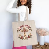 Grace Wins Floral Cross Sweatshirt, Christian Hoodie, Faux Embroidered Faith Aesthetic Sweater, Religious Cottagecore Botanical Tote Bag thumbnail 10