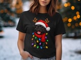 Black Pug Dog Santa Hat Reindeer Antlers Red Scarf Christmas Lights Standard T-Shirts thumbnail 4