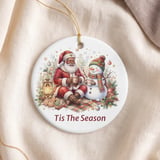 Black Santa Christmas Ornament, Tis The Season Holiday Decor, African American Santa and Snowman Keepsake, Cozy Xmas Tree Decoration Gift thumbnail 5