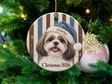 Shih Tzu Christmas Ornament 2026, Cute Dog Lover Holiday Keepsake, Blue Santa Hat Puppy Tree Decor, Vintage Dog Mom Gift thumbnail 1