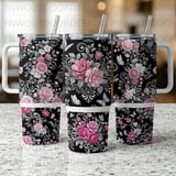 40oz Tumbler Sublimation PNG, Distressed Pink Floral Seamless Design, Tapered Wrap, Black Background, Butterflies, Free Car Coasters thumbnail 2