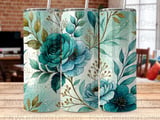 20oz Tumbler Sublimation PNG Seamless Teal Rose Floral Design, Watercolor Botanical Digital Download File, Car Coaster Included thumbnail 8