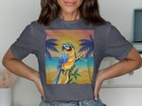 Tropical Parrot Sunset Beach T-Shirt, Vibrant Macaw Bird Tee, Island Life Vacation Shirt, Nature Lover Gift for Her, Beach Summer Apparel thumbnail 2