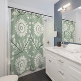 Sage Green Floral Shower Curtain and Bath Mat Set, Folk Art Botanical Flower Bathroom Decor, Cottagecore Farmhouse Boho Bath Set Gift thumbnail 3