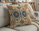 Moroccan Tile Pillow Cover, Geometric Bohemian Cushion Case, Mediterranean Accent Home Decor, Blue Orange Global Pattern Throw Pillow thumbnail 5