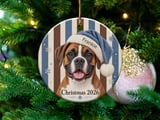 Boxer Dog Christmas Ornament 2026, Cute Boxer Mom Holiday Gift, Blue Santa Hat Dog Tree Decor, Vintage Striped Pet Keepsake Ornament thumbnail 1