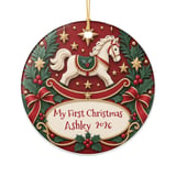 Baby First Christmas Ornament, Custom Rocking Horse Keepsake, Personalized Vintage Holiday Ornament, Heirloom Baby Shower Gift thumbnail 3