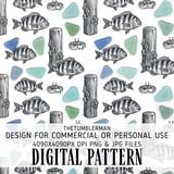 Digital Pattern, Fish Crab Sea Glass Wood, Marine Life Print, Digital Bundle, Seamless Pattern, Fabric Design, Sublimation Design thumbnail 1