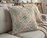 Boho Moroccan Tile Pillow Cover | Teal Coral Geometric Throw Pillow Case | Mediterranean Global Chic Accent Cushion thumbnail 5