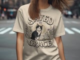 Saved By Grace Christian Cat T-Shirt, Faith Based Tuxedo Kitty and Bible Verse Tee, Cute Religious Floral Women's Gift Shirt thumbnail 8
