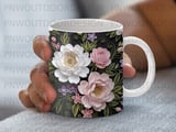 Quilled Floral Mug Wrap Sublimation Digital Download for 11oz 15oz Mugs, Elegant Peony Rose Flower Craft Design Template, Gift for Her thumbnail 5