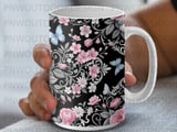 Pink Floral Butterfly Mug Sublimation Wrap 11oz 15oz, Black Background Rose Hydrangea Digital Design, Cottagecore Romantic Garden Mug Print thumbnail 8
