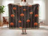 Halloween Jack O'Lantern Woven Blanket, Spooky Cute Pink Stripe Velveteen Blanket, Y2K Aesthetic Throw Pillow Decor Gift thumbnail 2