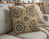 Moroccan Tile Pillow Cover, Blue Orange Bohemian Decorative Pillow Case, Mandala Pattern Accent Cushion Cover thumbnail 5