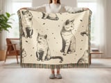 Vintage Cat Sketch Blanket, Woven Blanket  Cat Lover Gift, Cat Decor,  thumbnail 12