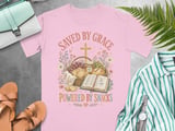 Saved By Grace Powered By Snacks T-Shirt, Christian Faith Shirt, Scripture Bible Verse Tee, Whimsical Cottagecore Jesus Foodie Gift for Her thumbnail 4