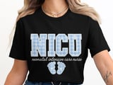NICU Nurse T-Shirt: Neonatal Intensive Care, Blue Gingham Design, Baby Feet thumbnail 6