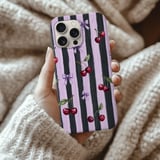 Dark Coquette Cherry Tough Phone Case, Lilac Purple Striped Bow Phone Cover, Gothic Ribbon Cherry Pattern Aesthetic Gift For Her thumbnail 2