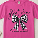 Checkered Bow Race Day T-Shirt, Great Day to Win a Race Tee, Trendy Coquette Racing Shirt, Speedway Car Girl Shirt, Race Mom Gift thumbnail 2
