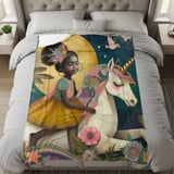 Afro Girl Unicorn Blanket Pillow Case: Dreamy Floral Art, Magical Fantasy thumbnail 7