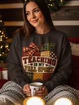 Teaching Is My Fall Sport Sweatshirt, Faux Patchwork Quilted Apple Teacher Hoodie, Autumn School Graphic Tee, Cozy Teacher Tote Bag thumbnail 6
