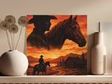 Cowboy & Horse Sunset Canvas Wall Art | Rustic Western Decor Print | Ranch Life Cabin Landscape Gift for Him thumbnail 1