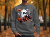 Knitting Ghost T-Shirt, Halloween Ghost Shirt, Spooky Cute Tee, Funny Ghost Design, Ghost with Cat and Pumpkin, Fall Season T Shirt thumbnail 1