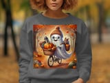 Ghost on Bicycle T-Shirts, Autumn Leaves, Squirrel, Halloween, Cute Spooky Season, Funny Holiday T-Shirts, Fall Season T-Shirts thumbnail 2