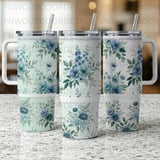 Luxury Blue Floral 40oz Tumbler Wrap Sublimation, Seamless Distressed Tapered Digital Download, Watercolor Flowers, Free Car Coasters thumbnail 4