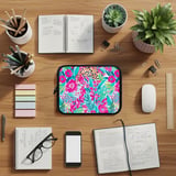 Vibrant Floral Laptop Sleeve, Pink Teal Botanical Accessory Pouch, Abstract Pattern Tech Case, Summer Gifts for Her thumbnail 3