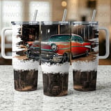 Classic Car 40oz Tumbler Sublimation Design, Vintage 1957 Chevy Barn Rustic Tumbler Wrap Digital PNG File, Distressed Seamless thumbnail 1